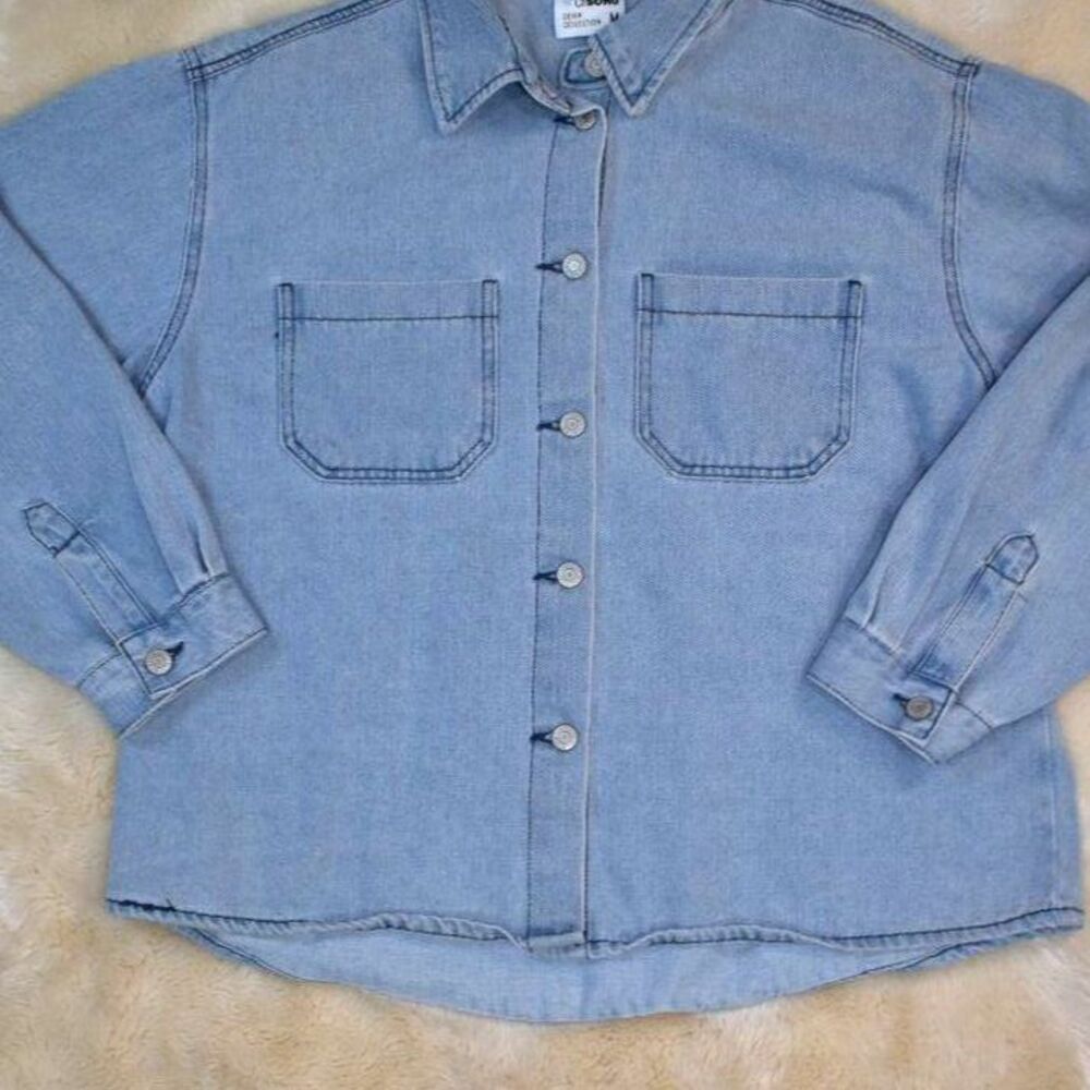 Cisono Denim Shacket Blue Jean Jacket Button-Up Oversized Shirt Women’s Size Med - Picture 11 of 12